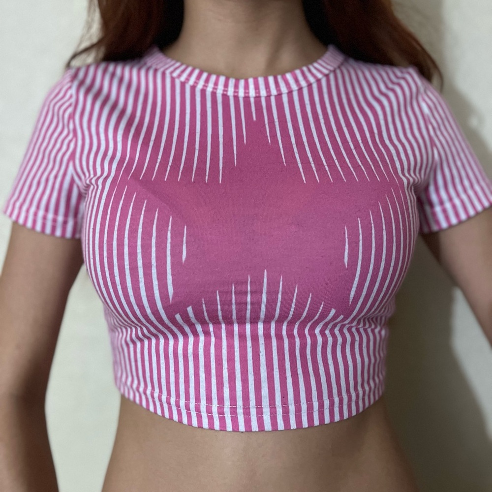 SHEIN Pink and White Striped Short Sleeve Star Crop Top